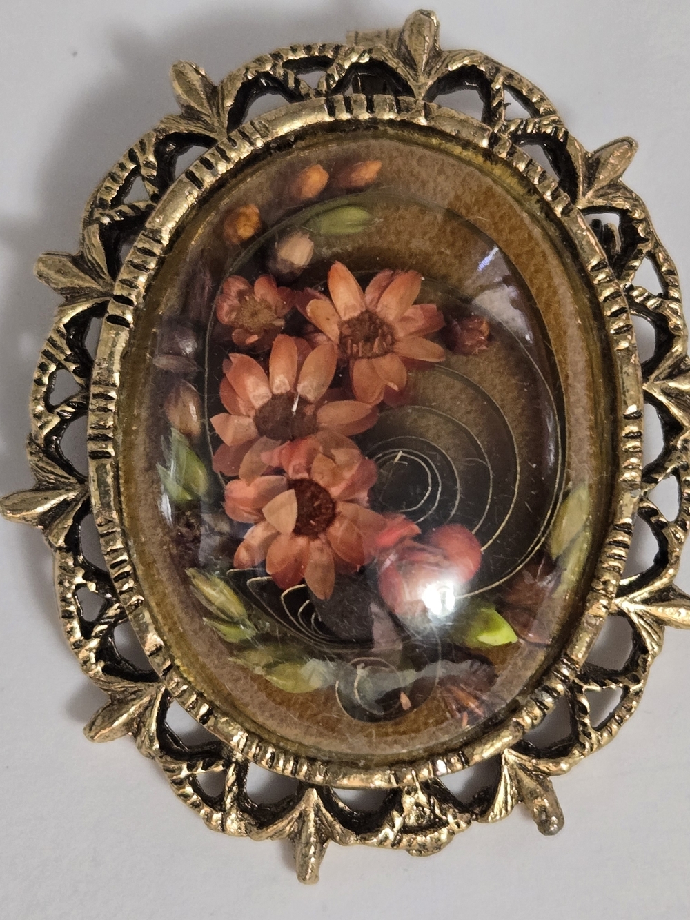 Vintage Gold Tone Dried Floral Brooch with Fall Colors
